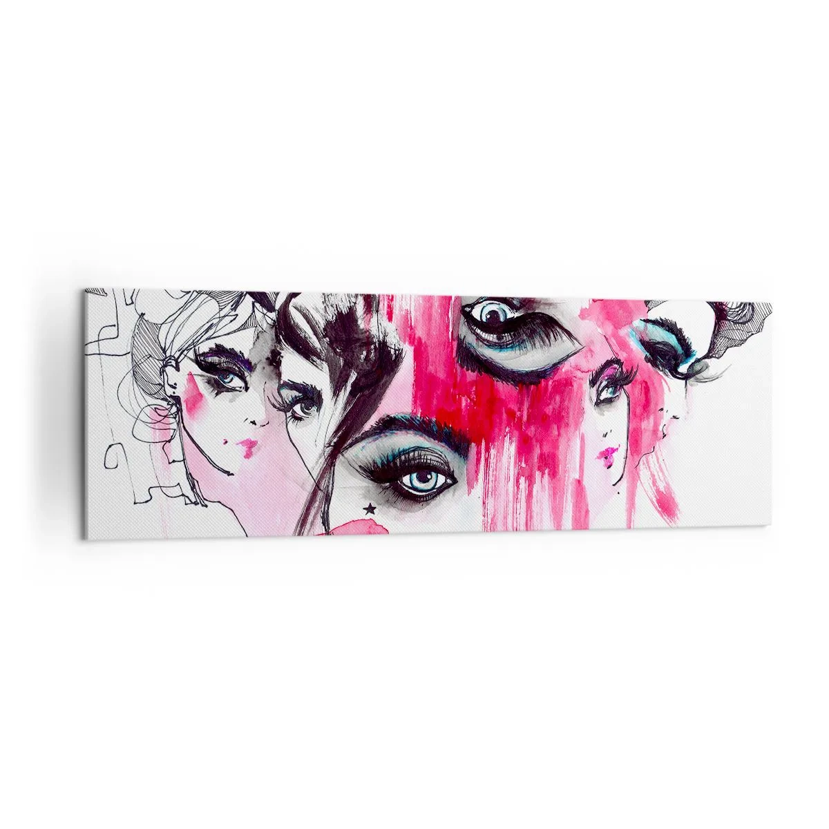 Impression sur toile - Image sur toile - Visage abstrait dans les tons de rose et de noir - 160x50cm - Yeux abstraits - Décoration murale moderne pour le salon et la chambre ARTTOR