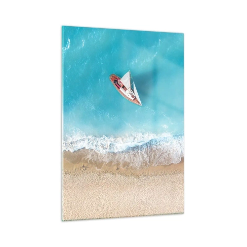 Impression sur verre - Image sur verre - Un voilier sur la mer azur au bord d'une plage de sable - 50x70cm - A la frontière de l'azur et de l'or - Décoration murale moderne pour le salon et la chambre ARTTOR