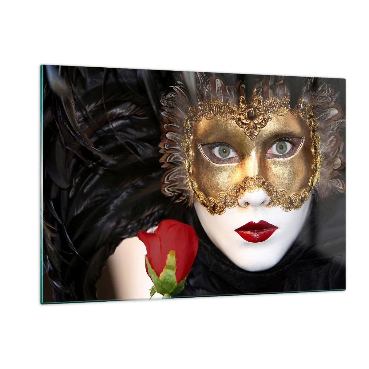 Impression sur verre - Image sur verre - Masque de carnaval avec une rose rouge - 120x80cm - Parce que la vie est un grand bal - Décoration murale moderne pour le salon et la chambre ARTTOR