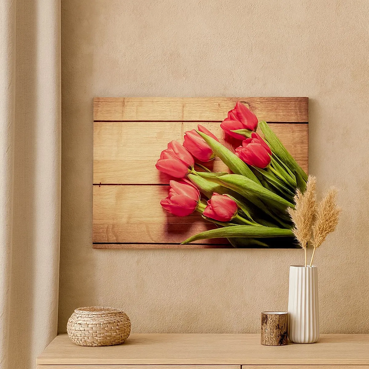 Impression sur toile - Image sur toile - Un bouquet de tulipes roses sur un fond en bois - 70x50cm - Défi du printemps - Décoration murale moderne pour le salon et la chambre ARTTOR
