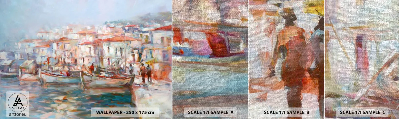 Échantillon de Papier Peint Premium Canvas - Vacances pastelles - Ville portuaire, Architecture, Bateau de pêche - 100x30 cm