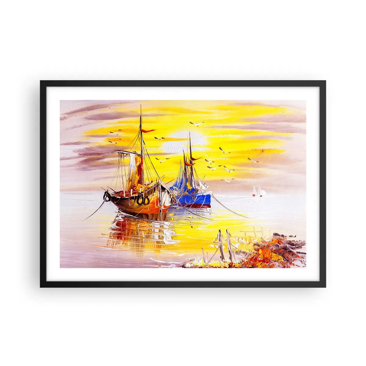 Affiche dans un cadre noir - Poster - Une scène picturale de bateaux sur une mer calme - 70x50cm - Un repos bien mérité au port - Décoration murale moderne pour le salon et la chambre ARTTOR