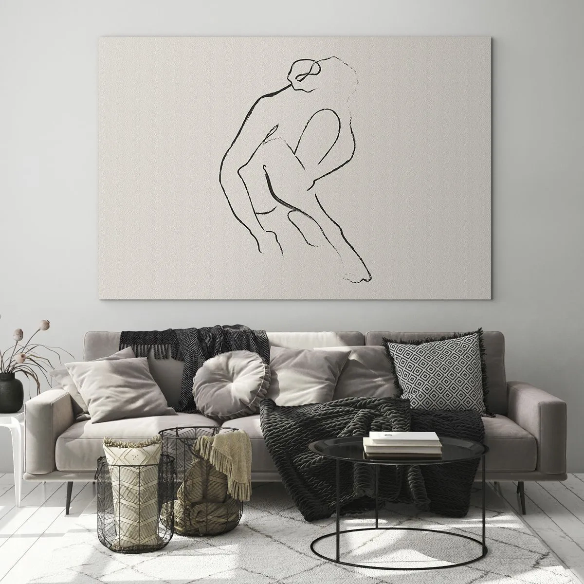 Impression sur verre - Image sur verre - Un croquis minimaliste d'une silhouette féminine en position assise. - 100x70cm - Croquis intime - Décoration murale moderne pour le salon et la chambre ARTTOR