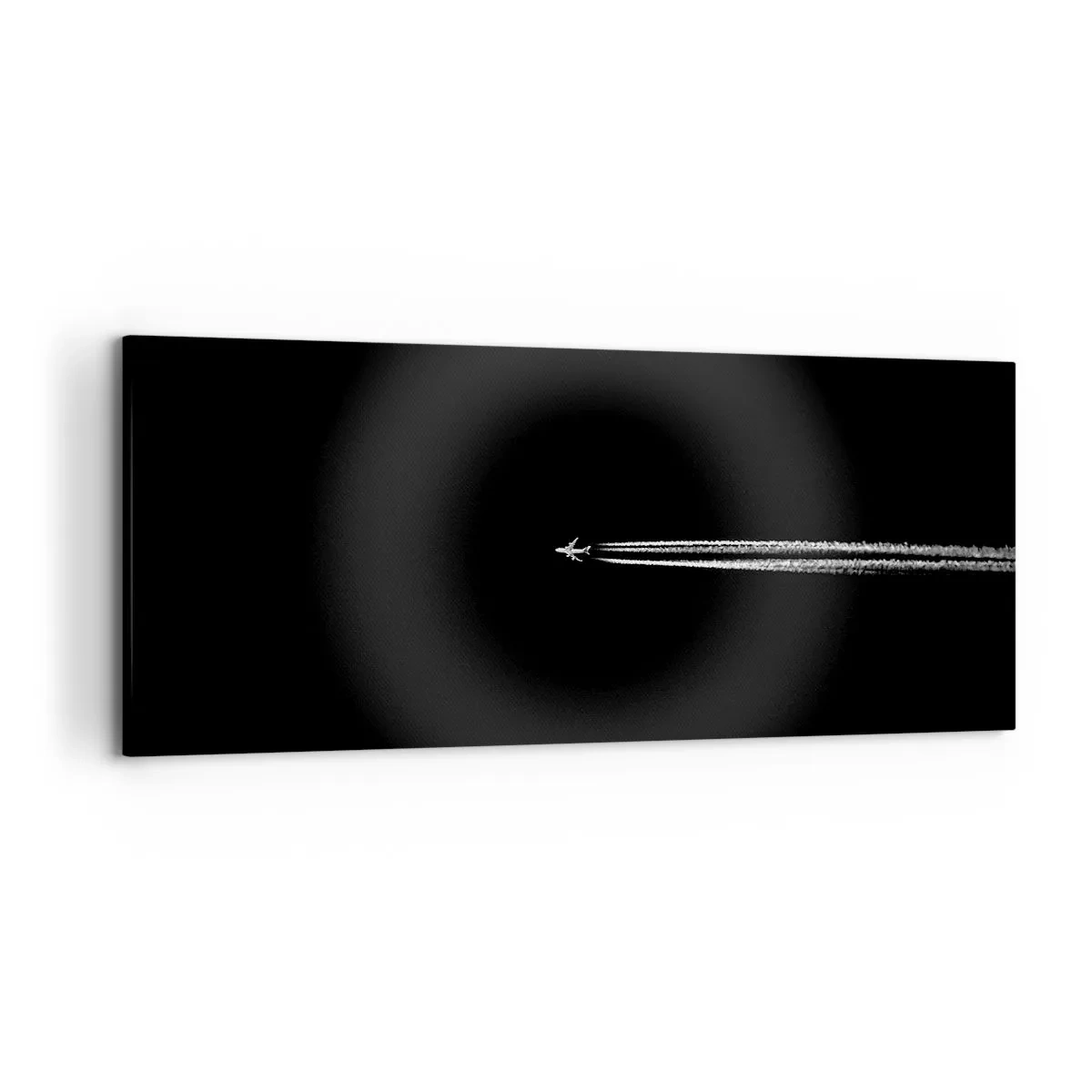 Impression sur toile - Image sur toile - Un avion à réaction avec une traînée de condensation visible sur fond noir - 120x50cm - Dans une autre dimension - Décoration murale moderne pour le salon et la chambre ARTTOR