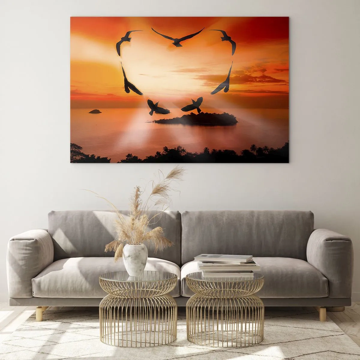 Impression sur verre - Image sur verre - Oiseaux formant un cœur sur fond de coucher de soleil - 100x70cm - Aimer le monde comme les oiseaux - Décoration murale moderne pour le salon et la chambre ARTTOR