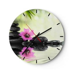 Horloge murale - Pendule murale - Pierres zen avec une fleur rose sur fond naturel - 30x30cm - Temps pour l'âme - Décoration murale moderne pour le salon, la cuisine et la chambre ARTTOR