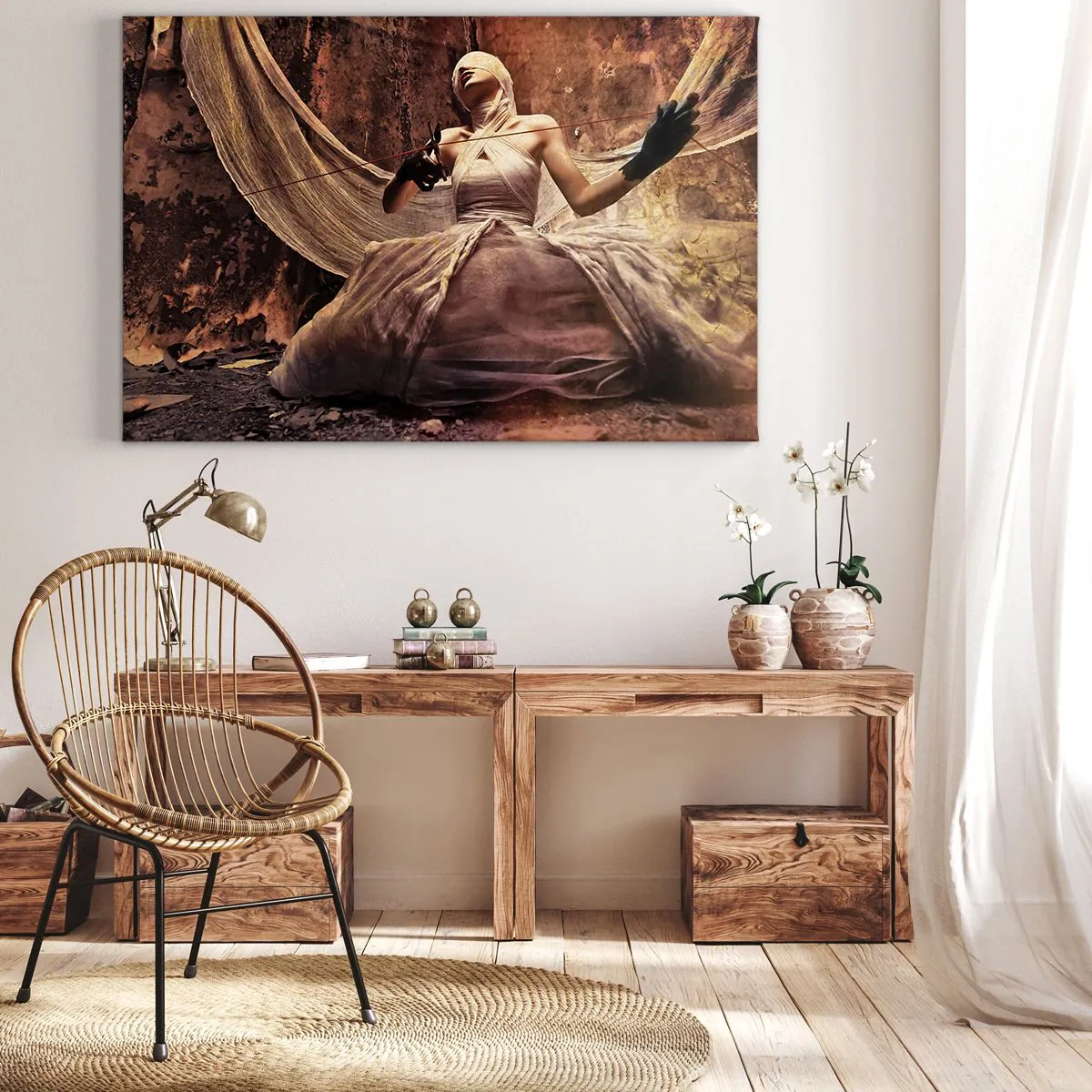 Impression sur toile - Image sur toile - Une femme en robe avec le visage couvert et des ciseaux dans les mains - 120x80cm - Déesse du destin - Décoration murale moderne pour le salon et la chambre ARTTOR