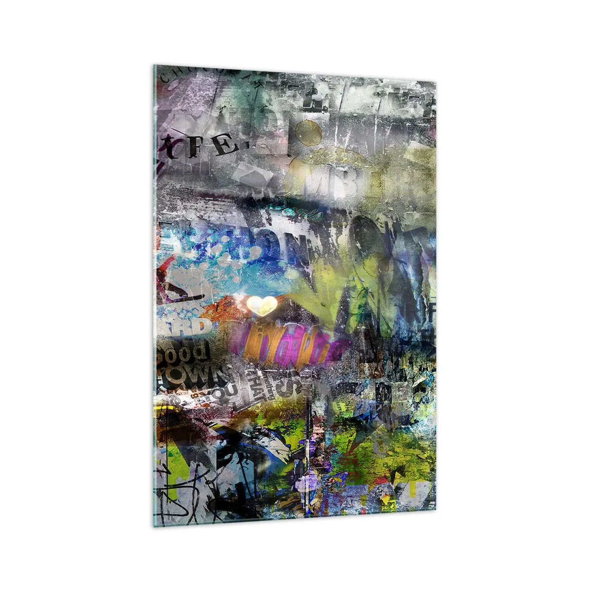 Impression sur verre - Image sur verre - Collage abstrait avec texte et couleurs variées - 70x100cm - Collage de souvenirs - Décoration murale moderne pour le salon et la chambre ARTTOR