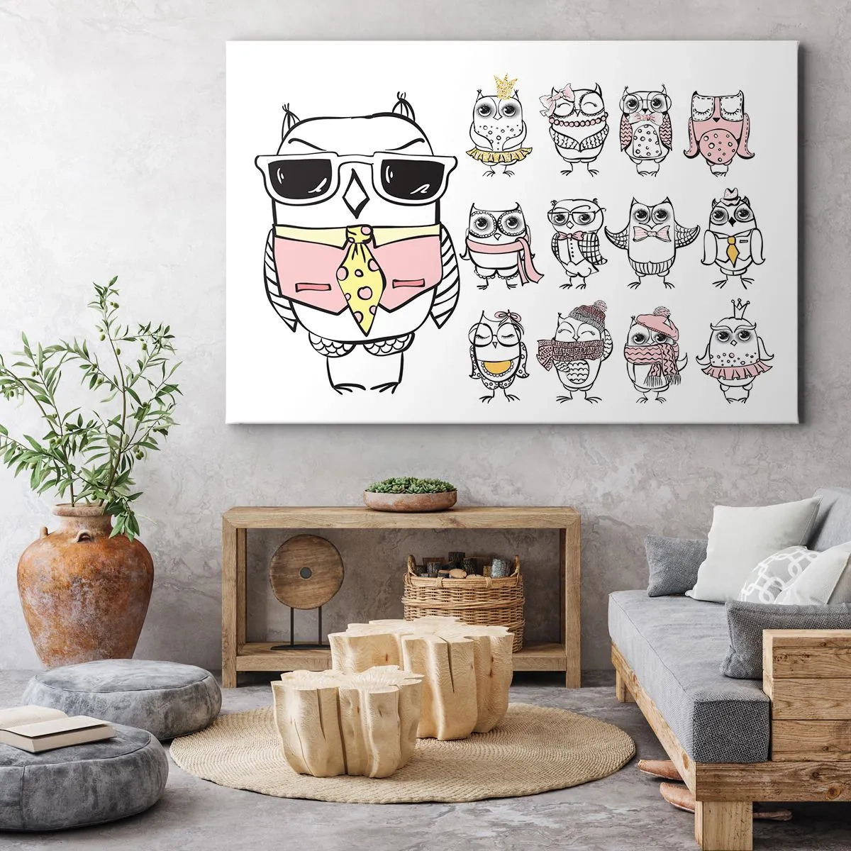 Impression sur toile - Image sur toile - Des hiboux dans différents styles et vêtements - 100x70cm - Tant de rôles à jouer - Décoration murale moderne pour le salon et la chambre ARTTOR