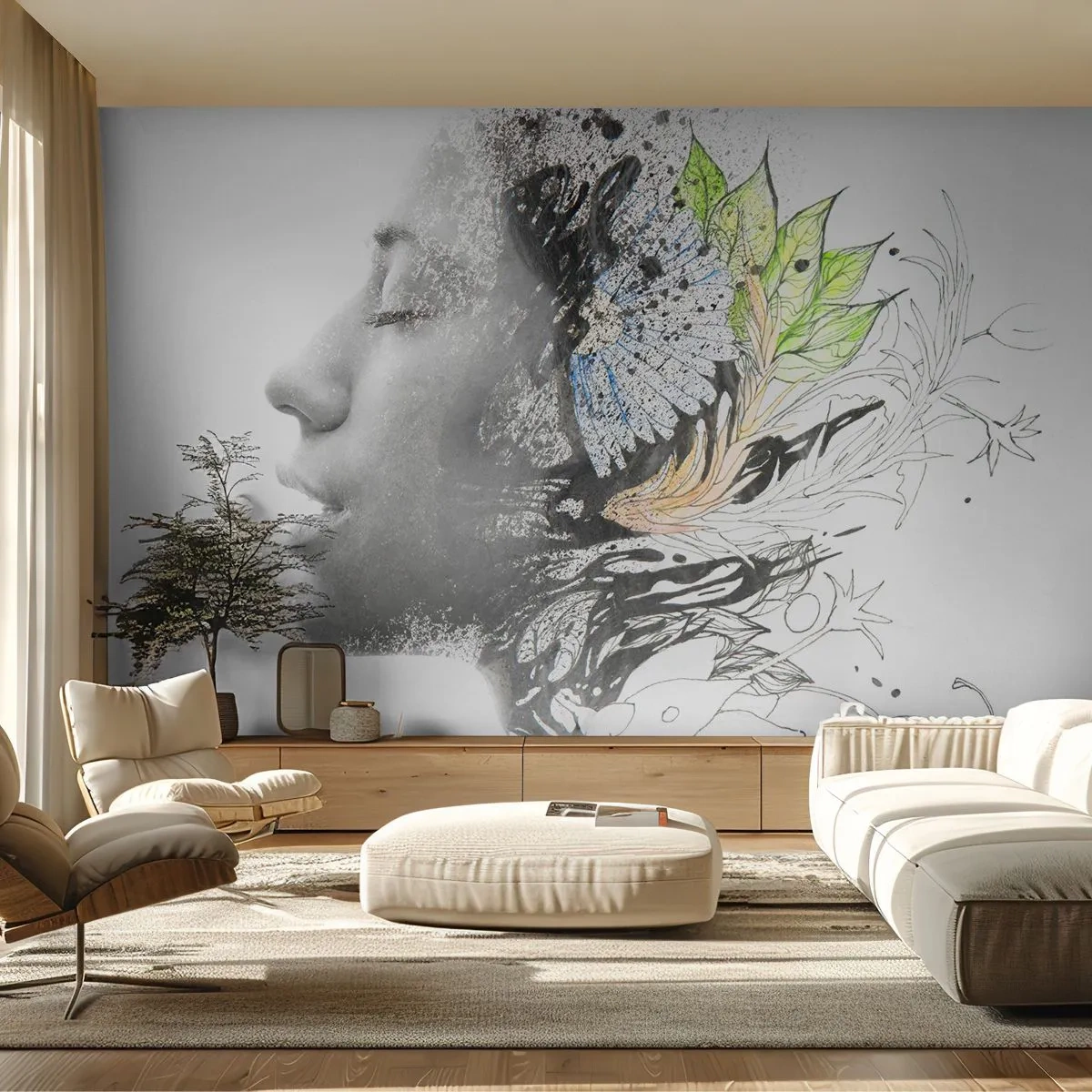Papier Peint Photo Standard Eco - Immergé dans la nature - Abstraction, Visage de femme, Fleurs - 400x280 cm