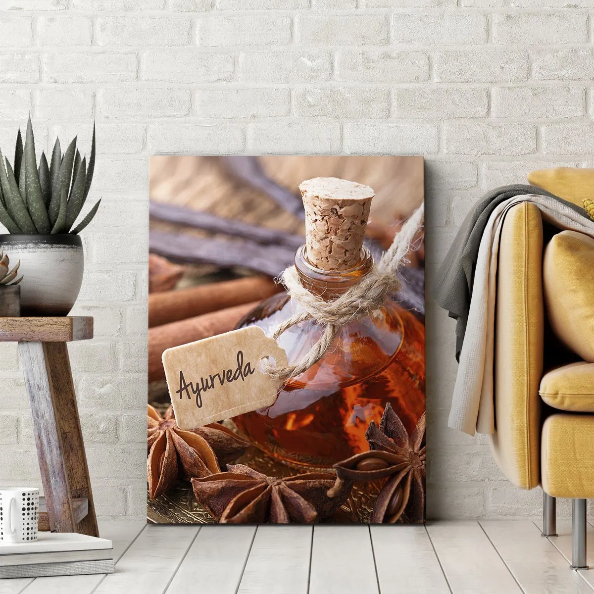 Impression sur toile - Image sur toile - Une bouteille d'huile d'épices sur un plateau - 50x70cm - Vers l'unité du corps et de l'esprit - Décoration murale moderne pour le salon et la chambre ARTTOR