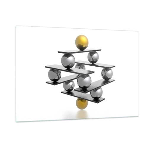 Impression sur verre - Image sur verre - Composition géométrique avec des boules et des plateformes sur fond blanc - 120x80cm - Balance d'or et d'argent - Décoration murale moderne pour le salon et la chambre ARTTOR