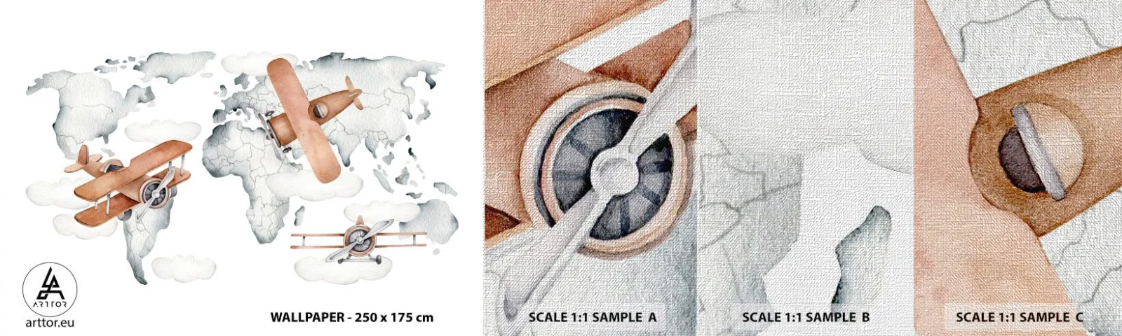 Échantillon de Papier Peint Premium Canvas - Dans un esprit pionnier - Carte du monde, Avions, Enfants - 100x30 cm