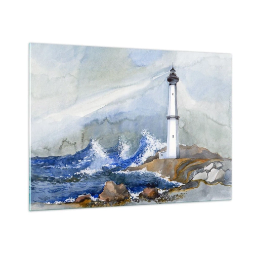 Impression sur verre - Image sur verre - Un phare au bord d'une mer agitée dans un style aquarelle - 100x70cm - Contre l'obscurité et la tempête - Décoration murale moderne pour le salon et la chambre ARTTOR