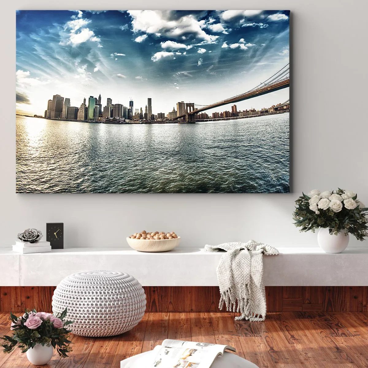 Impression sur toile - Image sur toile - Panorama de la ville avec un pont contre le ciel bleu - 120x80cm - L'île de verre - Décoration murale moderne pour le salon et la chambre ARTTOR