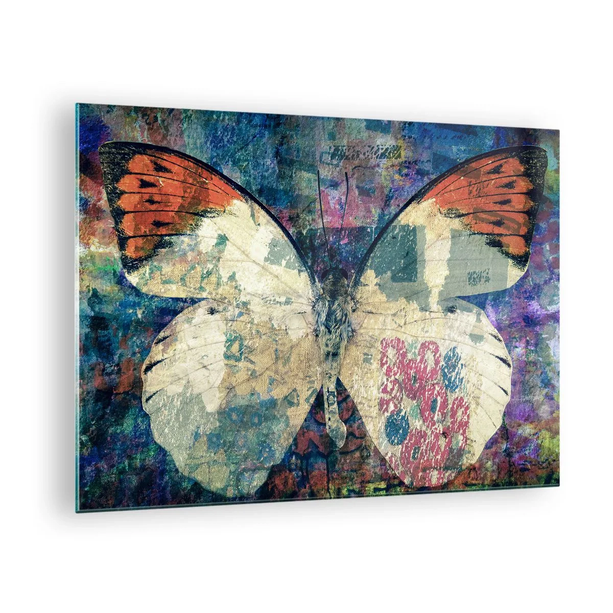 Impression sur verre - Image sur verre - Un papillon coloré sur un fond abstrait dans des tons de bleu et d'orange. - 70x50cm - Fragilité subtile - Décoration murale moderne pour le salon et la chambre ARTTOR