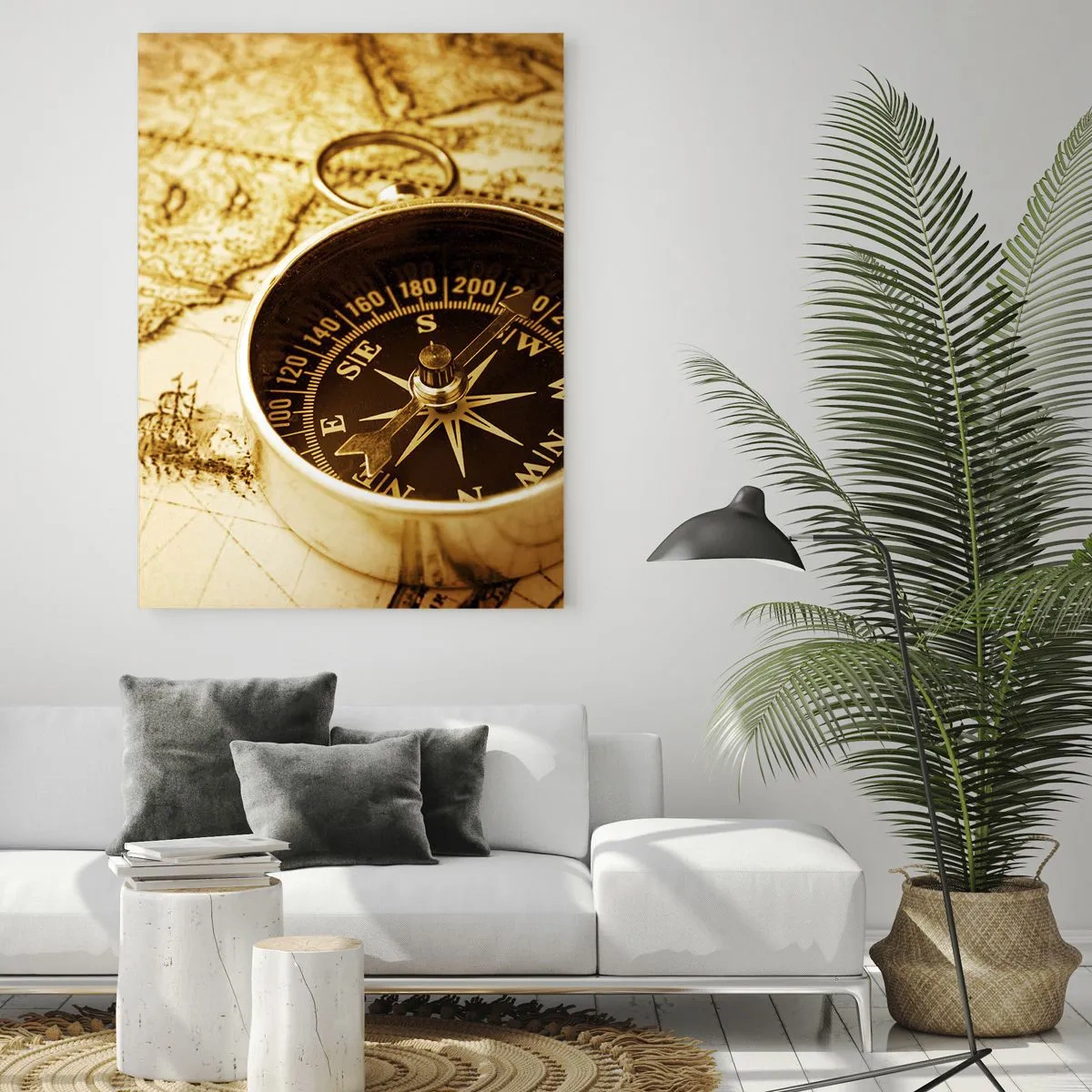 Impression sur verre - Image sur verre - Une boussole dorée sur un vieux fond de carte - 50x70cm - Est ou ouest? - Décoration murale moderne pour le salon et la chambre ARTTOR