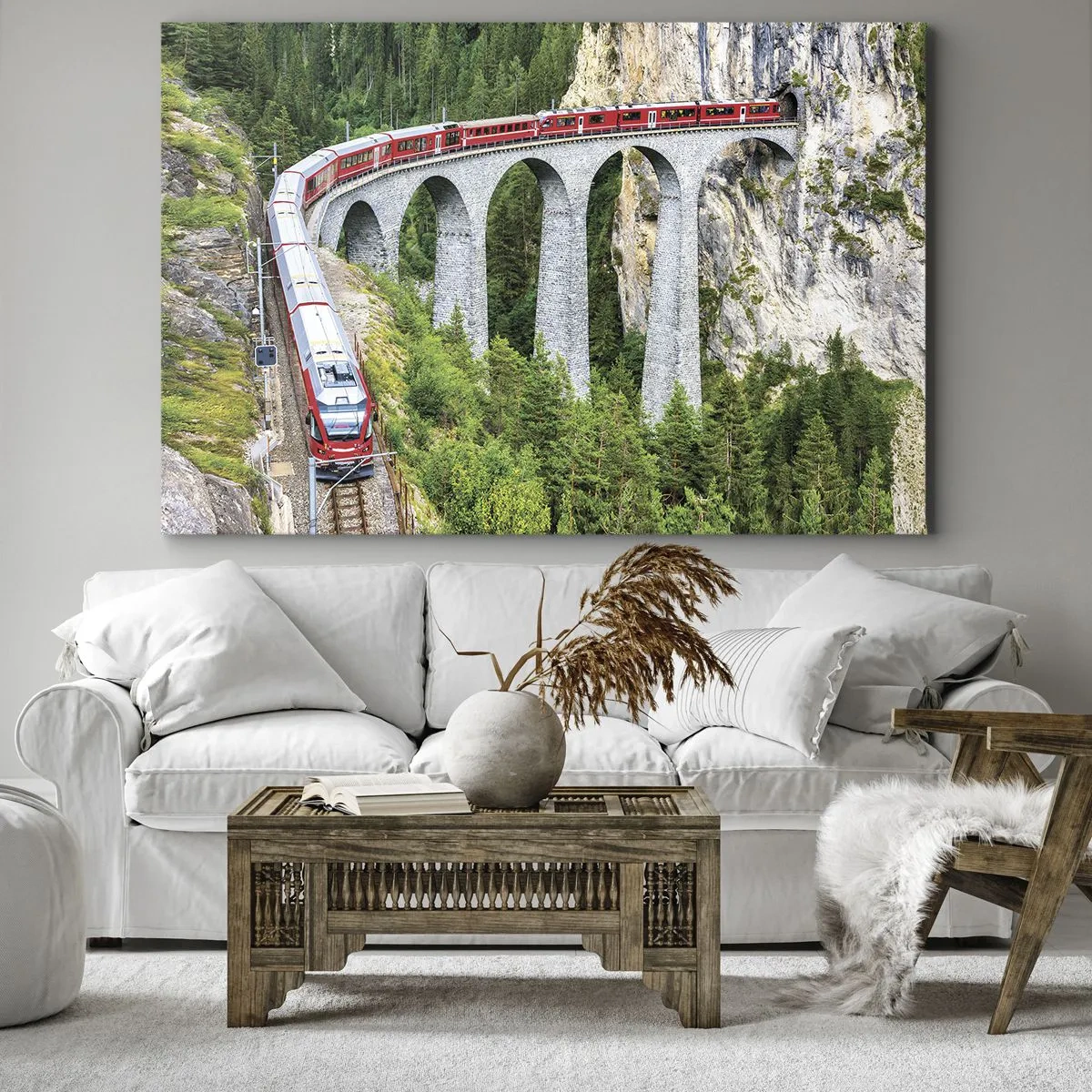 Impression sur toile - Image sur toile - Un train sur un viaduc pittoresque dans un paysage montagneux - 100x70cm - Chemin de fer avec vue sur la montagne - Décoration murale moderne pour le salon et la chambre ARTTOR