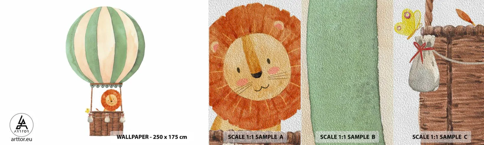 Échantillon de Papier Peint Premium Sand - Les voyages de Léon - Ballon, Lion, Enfants - 100x30 cm