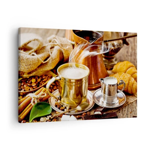 Impression sur toile - Image sur toile - Une tasse de café dorée entourée de grains, de cruches et de croissants - 70x50cm - Bonne journée! - Décoration murale moderne pour le salon et la chambre ARTTOR