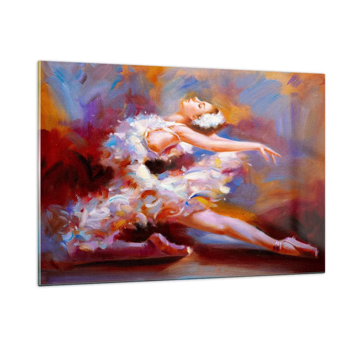 Impression sur verre - Image sur verre - Une ballerine dans une pose dynamique sur un fond de couleurs abstraites. - 120x80cm - La grâce du cygne - Décoration murale moderne pour le salon et la chambre ARTTOR