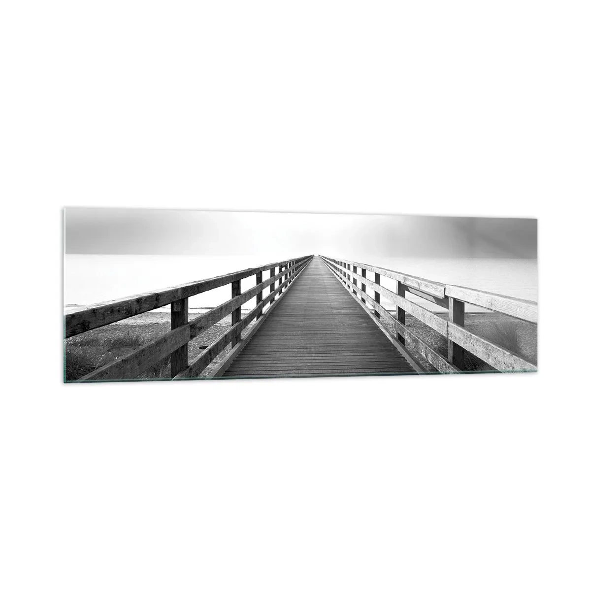 Impression sur verre - Image sur verre - Une image en noir et blanc d'une jetée en bois menant vers l'horizon. - 160x50cm - A perte de vue... - Décoration murale moderne pour le salon et la chambre ARTTOR