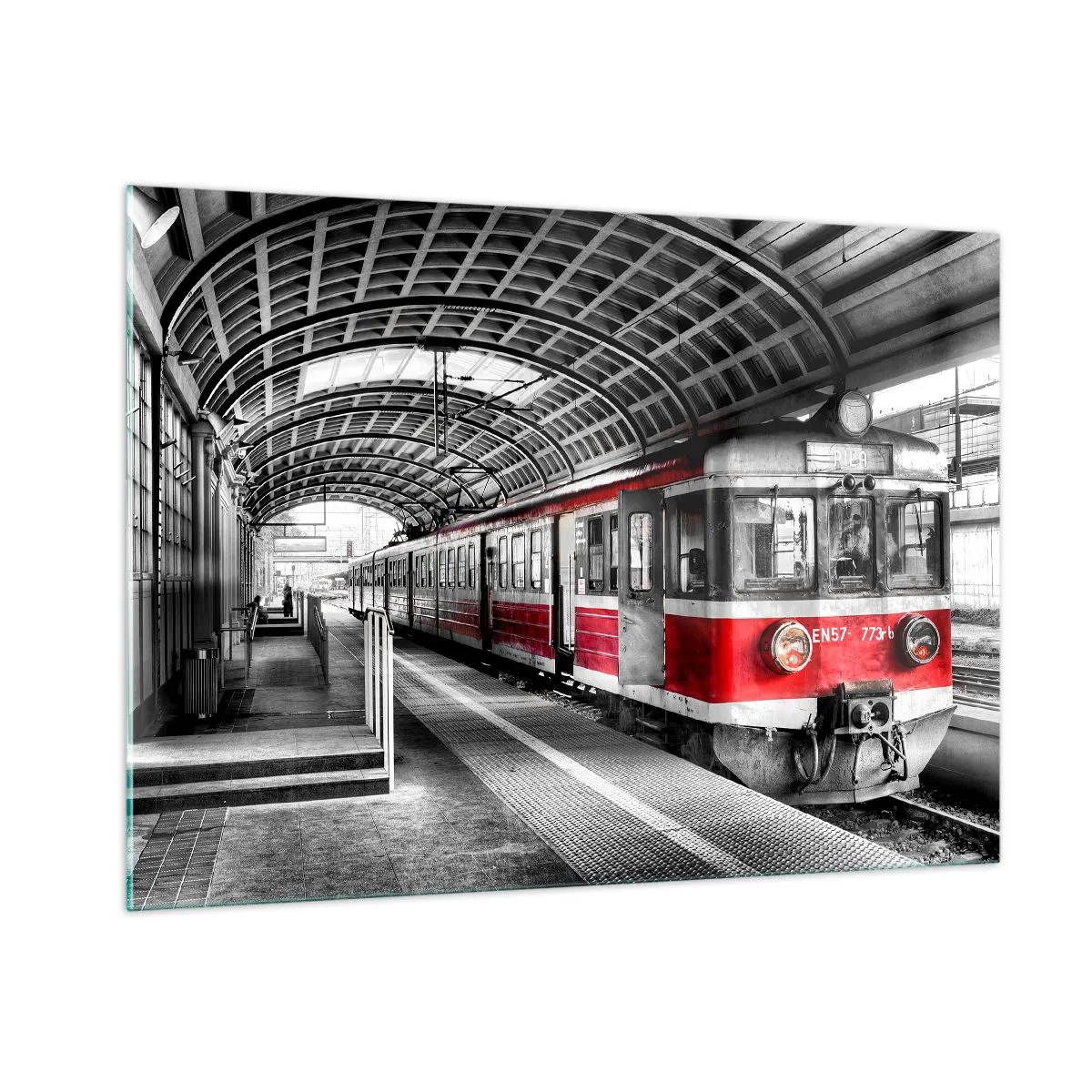 Impression sur verre - Image sur verre - Train rouge à la gare sous un toit - 100x70cm - C'est peut-être le voyage de votre vie ? - Décoration murale moderne pour le salon et la chambre ARTTOR
