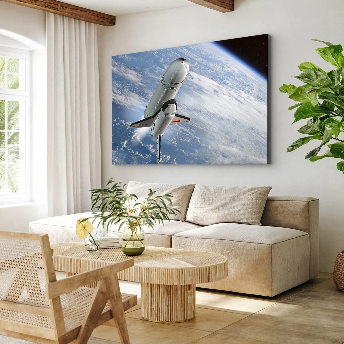 Impression sur toile - Image sur toile - Une fusée spatiale s'élevant devant la Terre en arrière-plan - 70x50cm - Ascension cosmique - Décoration murale moderne pour le salon et la chambre ARTTOR