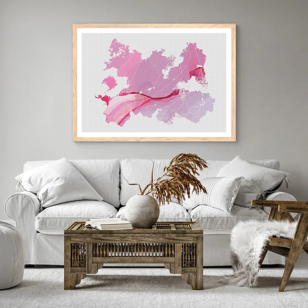 Affiche dans un chêne clair - Poster - Carte du monde rose - 100x70 cm