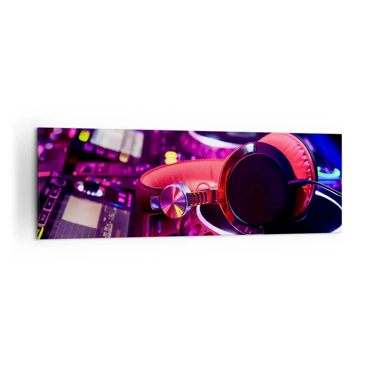 Impression sur toile - Image sur toile - Casque DJ sur une console avec éclairage néon - 160x50cm - Avant que le plaisir ne commence - Décoration murale moderne pour le salon et la chambre ARTTOR