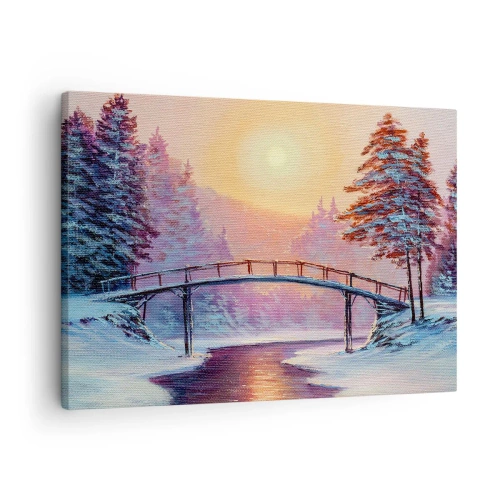 Impression sur toile - Image sur toile - Paysage d'hiver avec un pont illuminé par le coucher du soleil - 70x50cm - Quatre saisons - hiver - Décoration murale moderne pour le salon et la chambre ARTTOR