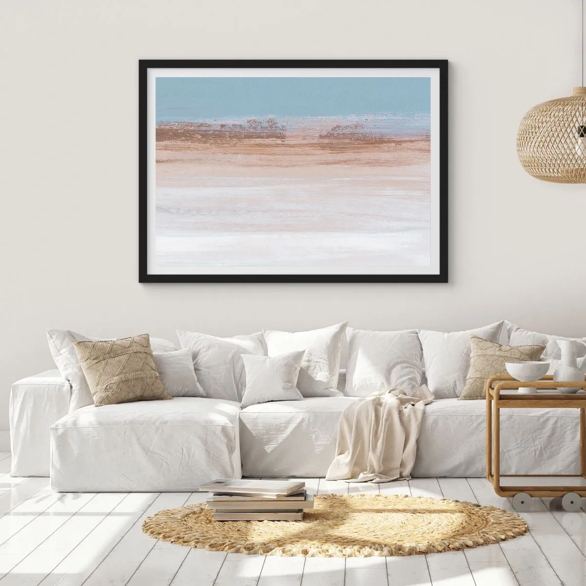 Affiche dans un cadre noir - Poster - Un paysage subtil aux tons pastel de bleu et de beige - 70x50cm - Paysage ambigu - Décoration murale moderne pour le salon et la chambre ARTTOR