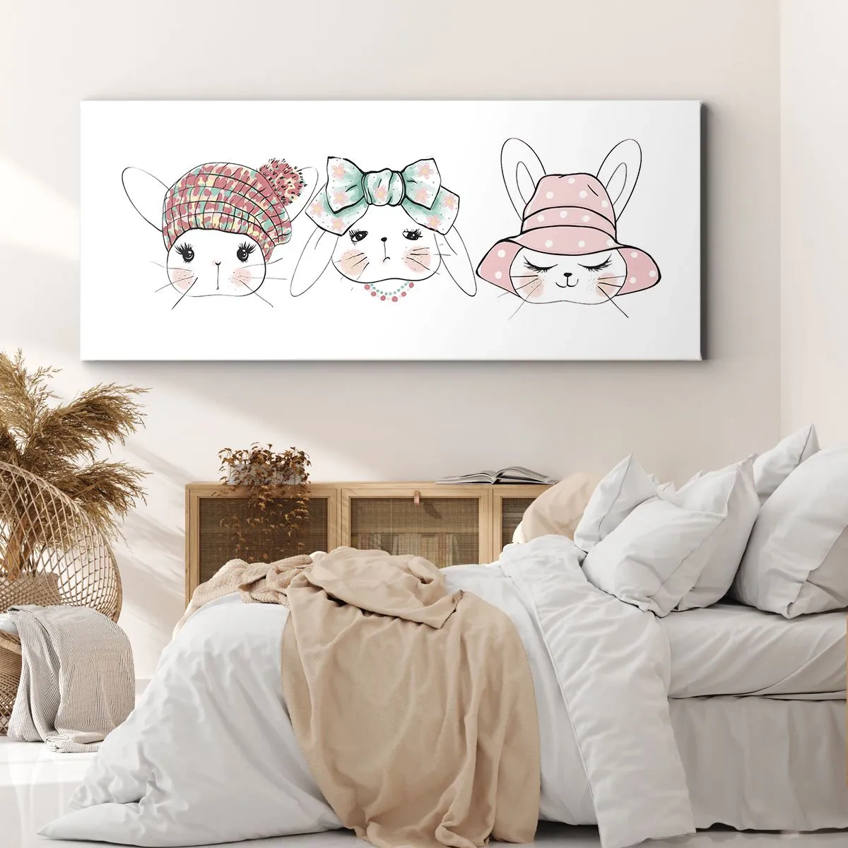 Impression sur toile - Image sur toile - Adorables lapins portant des coiffes pastel - 160x50cm - Pensif, triste, satisfait - Décoration murale moderne pour le salon et la chambre ARTTOR