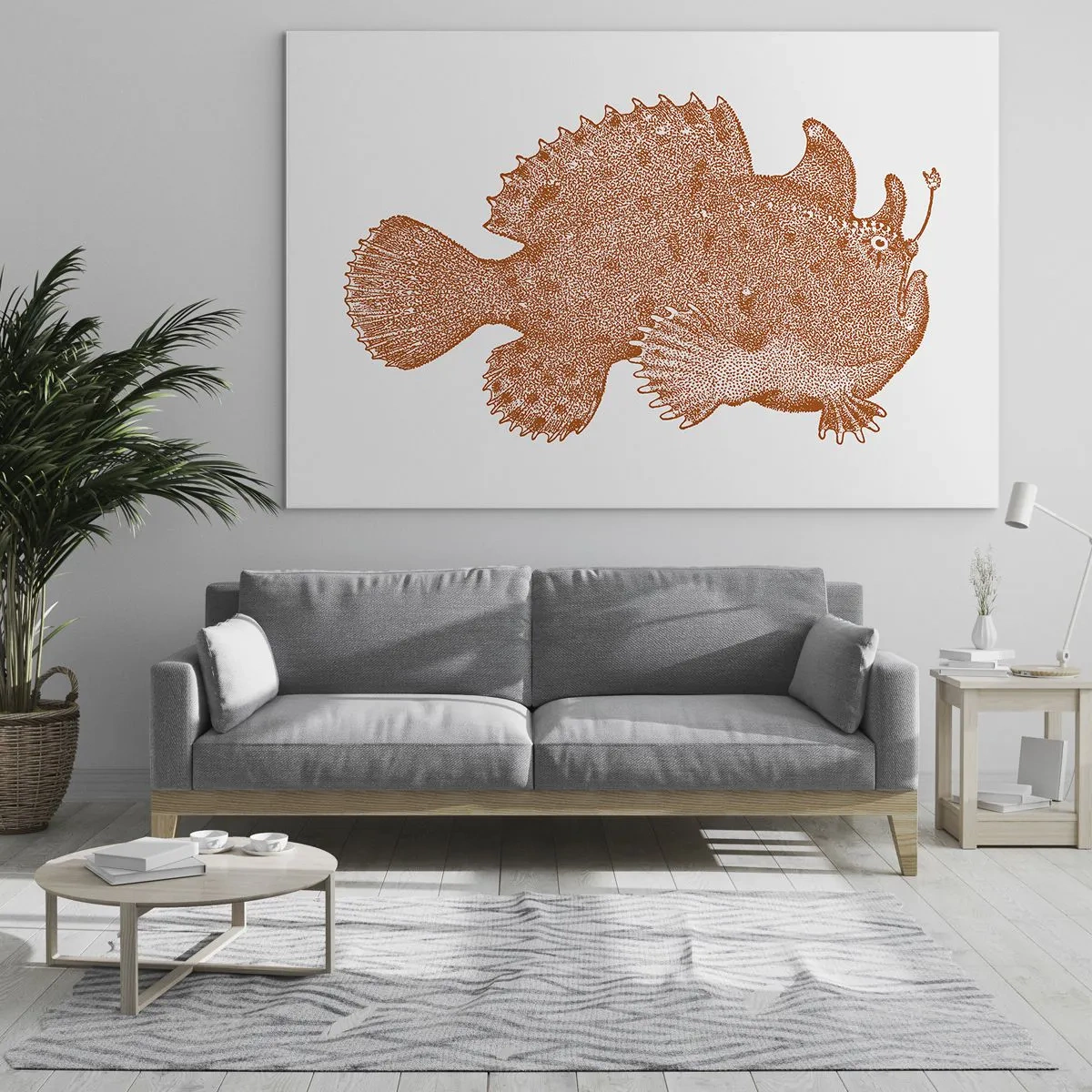 Impression sur verre - Image sur verre - Un dessin rouillé d'un poisson des profondeurs réalisé à l'aide de la technique du point - 120x80cm - Et pourtant un poisson - Décoration murale moderne pour le salon et la chambre ARTTOR