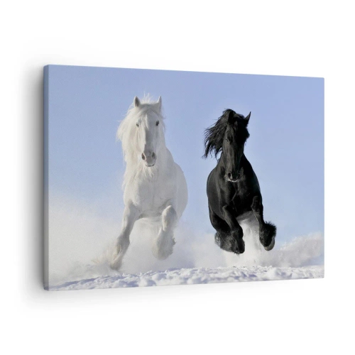 Impression sur toile - Image sur toile - Un cheval blanc et un cheval noir galopant dans la neige - 70x50cm - Galop noir et blanc - Décoration murale moderne pour le salon et la chambre ARTTOR