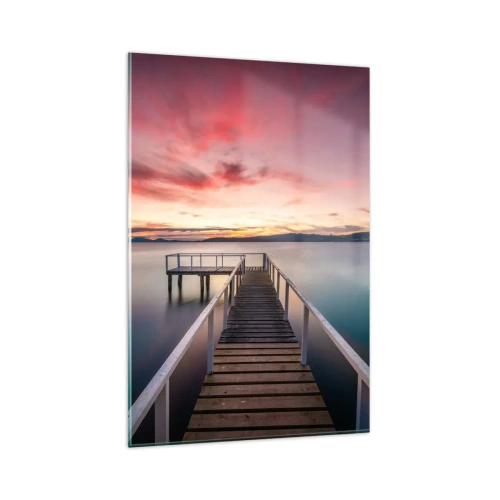 Impression sur verre - Image sur verre - Une jetée menant à un lac tranquille au coucher du soleil - 80x120cm - La douce flamme du soir - Décoration murale moderne pour le salon et la chambre ARTTOR