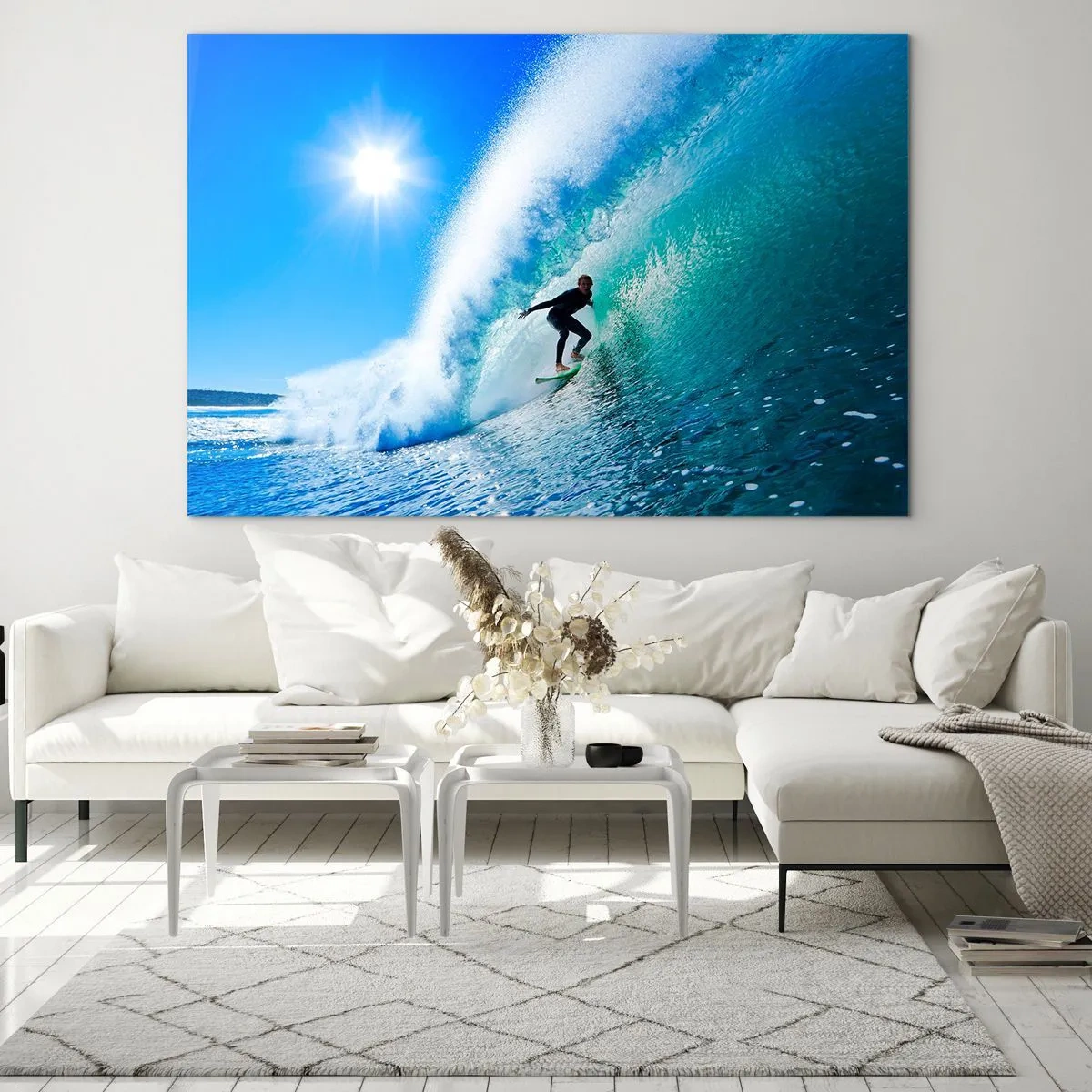Impression sur verre - Image sur verre - Surfeur sur une vague par une journée ensoleillée - 100x70cm - A travers le grand ciel bleu - Décoration murale moderne pour le salon et la chambre ARTTOR