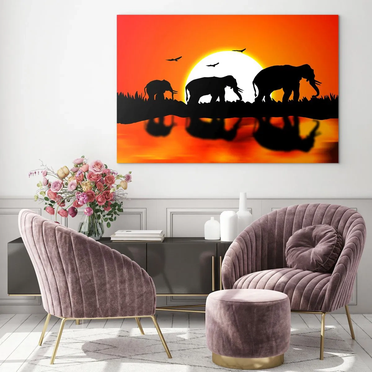 Impression sur verre - Image sur verre - Silhouettes d'éléphants contre le soleil couchant - 70x50cm - Et le soir pour un petit verre - Décoration murale moderne pour le salon et la chambre ARTTOR
