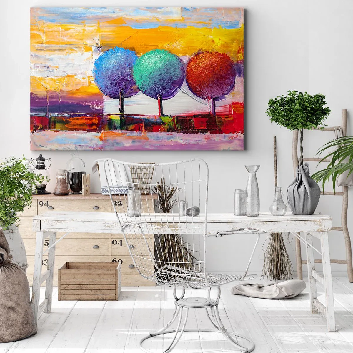 Impression sur toile - Image sur toile - Trois arbres colorés sur un fond abstrait - 70x50cm - Art jusqu'à trois - Décoration murale moderne pour le salon et la chambre ARTTOR