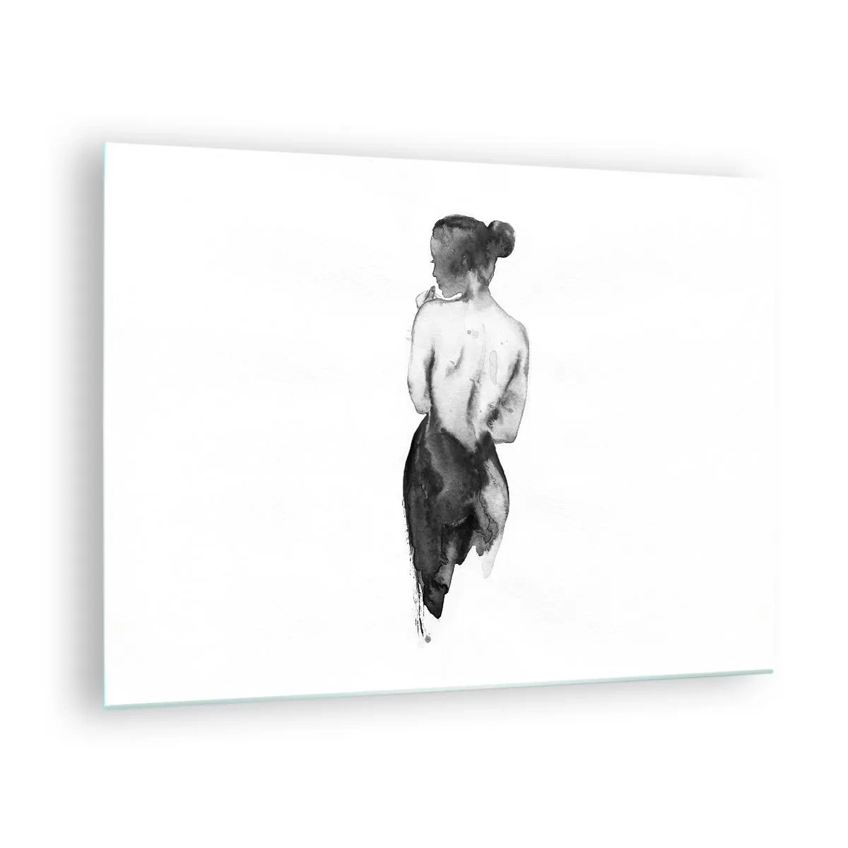 Impression sur verre - Image sur verre - Silhouette noire et blanche d'une femme dans un style aquarelle - 70x50cm - Auprès d'elle, le monde disparaît - Décoration murale moderne pour le salon et la chambre ARTTOR