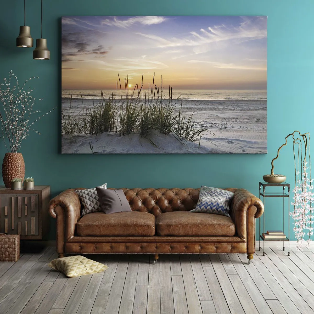 Impression sur toile - Image sur toile - Une plage de sable au coucher du soleil avec de l'herbe en arrière-plan - 120x80cm - Regarde, pense, ressent - Décoration murale moderne pour le salon et la chambre ARTTOR