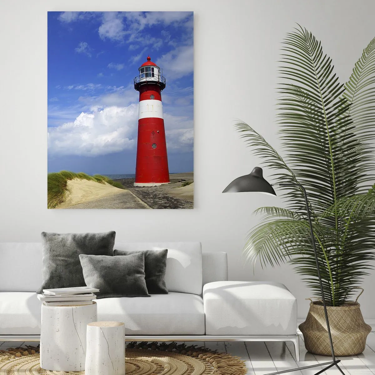 Impression sur verre - Image sur verre - Phare rouge sur la plage sous un ciel bleu - 80x120cm - Rêve de solitude - Décoration murale moderne pour le salon et la chambre ARTTOR