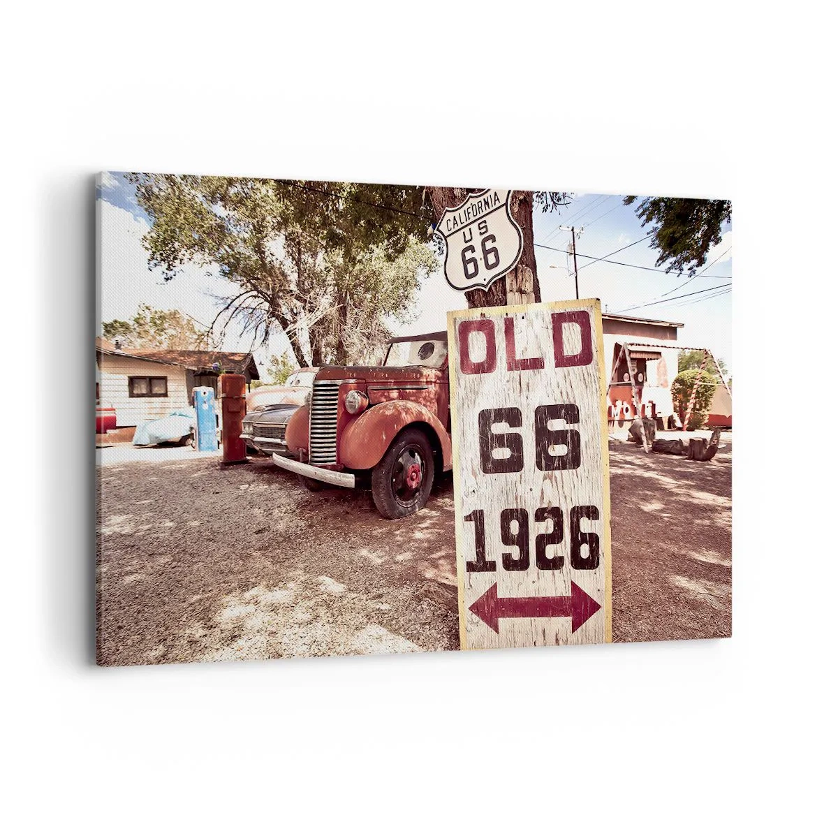 Impression sur toile - Image sur toile - Voiture rétro et panneau Route 66 dans un cadre rustique - 120x80cm - La légende de la province américaine - Décoration murale moderne pour le salon et la chambre ARTTOR
