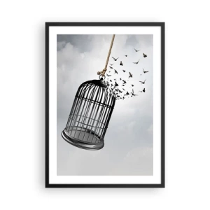 Affiche dans un cadre noir - Poster - Oiseaux s'envolant d'une cage ouverte sur fond de nuages - 50x70cm - Foie...Espoir...Liberté! - Décoration murale moderne pour le salon et la chambre ARTTOR