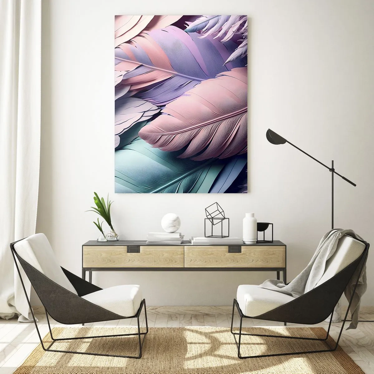 Impression sur verre - Image sur verre - Plumes colorées dans des tons pastel sur un fond clair - 80x120cm - Oiseau chic - Décoration murale moderne pour le salon et la chambre ARTTOR