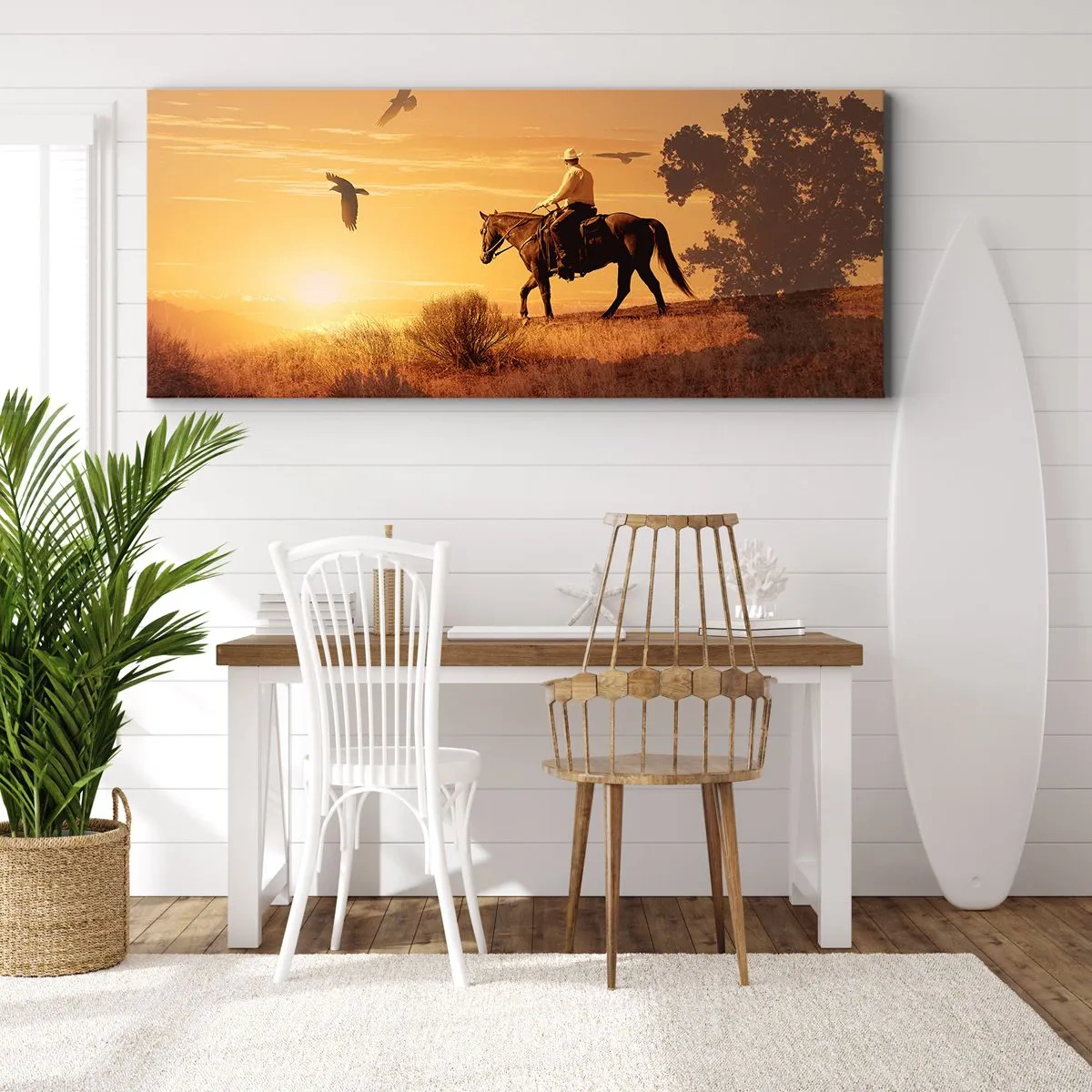 Impression sur toile - Image sur toile - Un cavalier sur un cheval au coucher du soleil contre la prairie - 140x50cm - Seul à travers la prairie - Décoration murale moderne pour le salon et la chambre ARTTOR