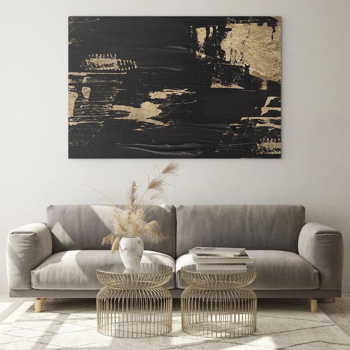 Impression sur verre - Image sur verre - Abstraction noire et dorée avec une texture semblable à un coup de pinceau - 100x70cm - Empreinte du toucher - Décoration murale moderne pour le salon et la chambre ARTTOR