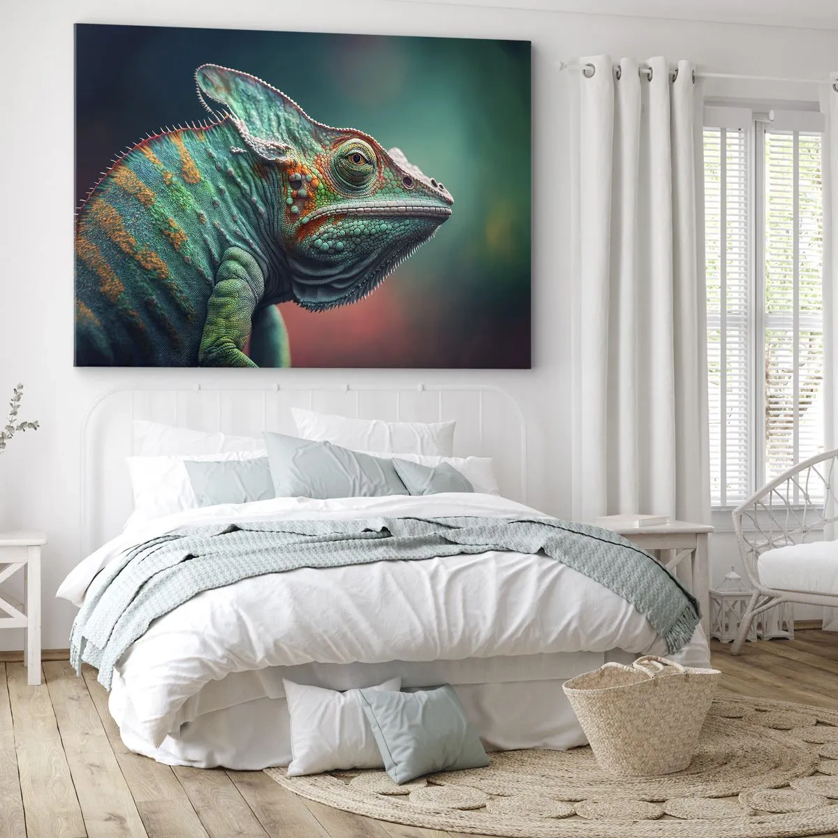 Impression sur toile - Image sur toile - Gros plan d'un caméléon aux couleurs intenses - 70x50cm - Vous me voyez? Pas bien… - Décoration murale moderne pour le salon et la chambre ARTTOR