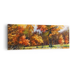 Impression sur toile - Image sur toile - Paysage d'automne avec des arbres colorés et un étang - 140x50cm - Paysage en or et bronze - Décoration murale moderne pour le salon et la chambre ARTTOR