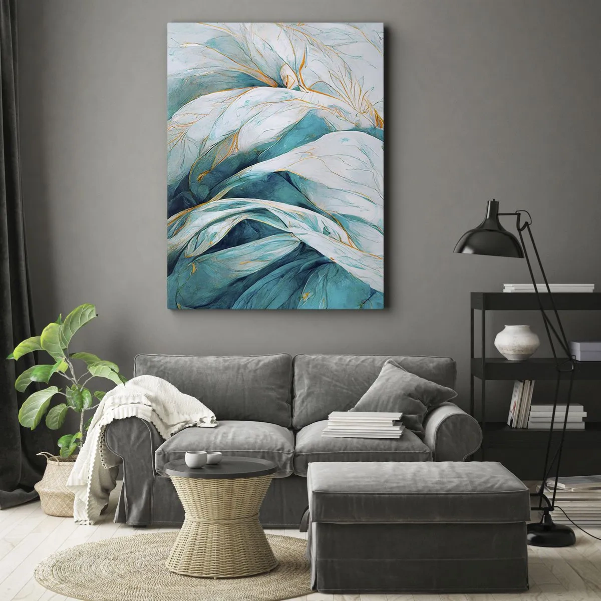 Impression sur toile - Image sur toile - Feuilles bleues abstraites avec des détails dorés - 50x70cm - Abstraction bleue avec un motif doré - Décoration murale moderne pour le salon et la chambre ARTTOR